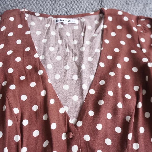 NEW Reformation Locklin French Midi Dress - Au Lait Chocolate Polka Dots - Picture 4 of 8